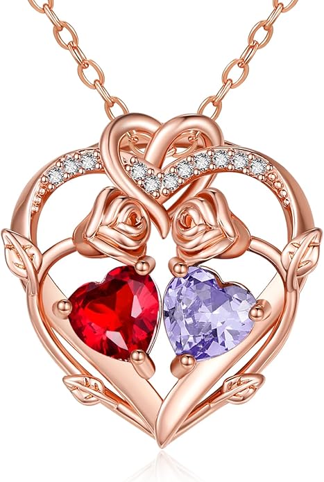 Rose Gold Necklaces for Women Double Birthstone Rose Flower Heart Pendant Necklace Jewelry Anniversary Christmas Valentine's Mother's Day Birthday Gift for Wife Mom Her Girlfriend Sister