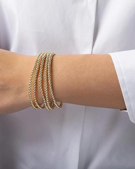 Elegance 11 designs 14K Gold Plated Bead Ball Bracelet Stretchable Elastic Gold Beaded Bracelets for Women