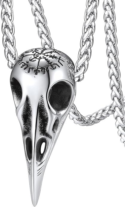 FaithHeart Viking Raven Necklace for Men, Norse Mythology Raven Skull Pendant Sturdy Stainless Steel Amulet Jewelry Gift for Men