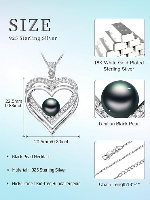 KANNSOAR Tahitian Black Pearl AAAA 18K White Gold Plated Sterling Silver Heart Pendant Necklace for Women Wife Mom Girlfriend Valentine Her Jewelry Gift for Anniversary Birthday Christmas