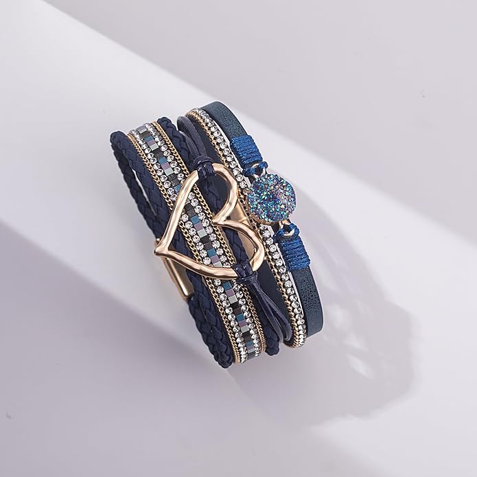 FANCY SHINY Heart Leather Wrap Bracelets Stackable Boho Cuff Bangles Trendy Resin Stone Rhinestone Bracelets with Magnetic Clasp for Women