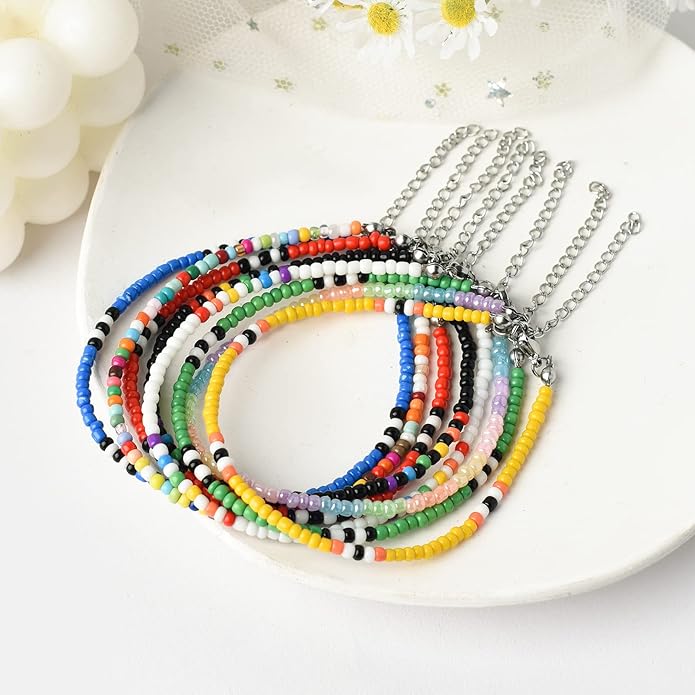XIJIN 8Pcs Handmade Beaded Anklets for Women Boho Colorful Beads Ankle Bracelets Adjustable Foot Anklet Set