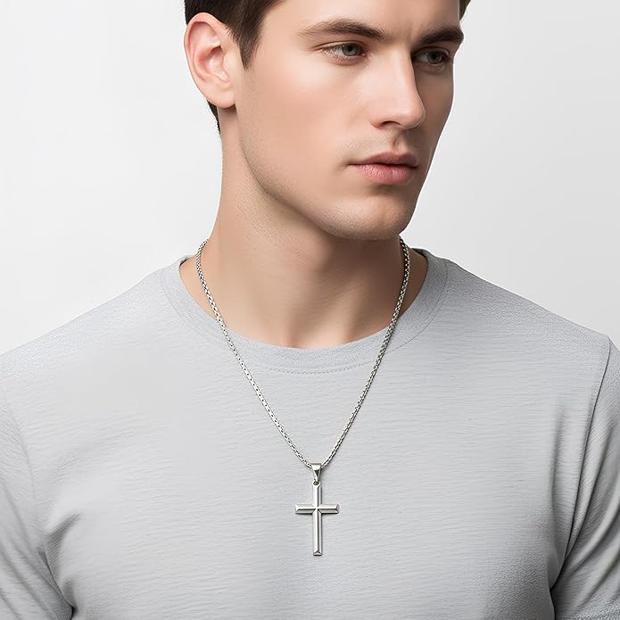 Fiusem Beveled Edge Cross Necklace for Men, Silver Tone/Black/14K Gold Plated Mens Cross Necklace, 2.5MM Stainless Steel Box Chain with Pendant
