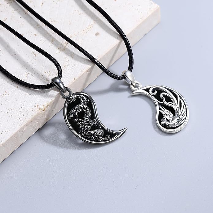OHAYOO Dragon Phoenix Matching Necklace for Couples 925 Sterling Silver Yin Yang Pendant Necklaces for Couples Jewelry for Him and Her