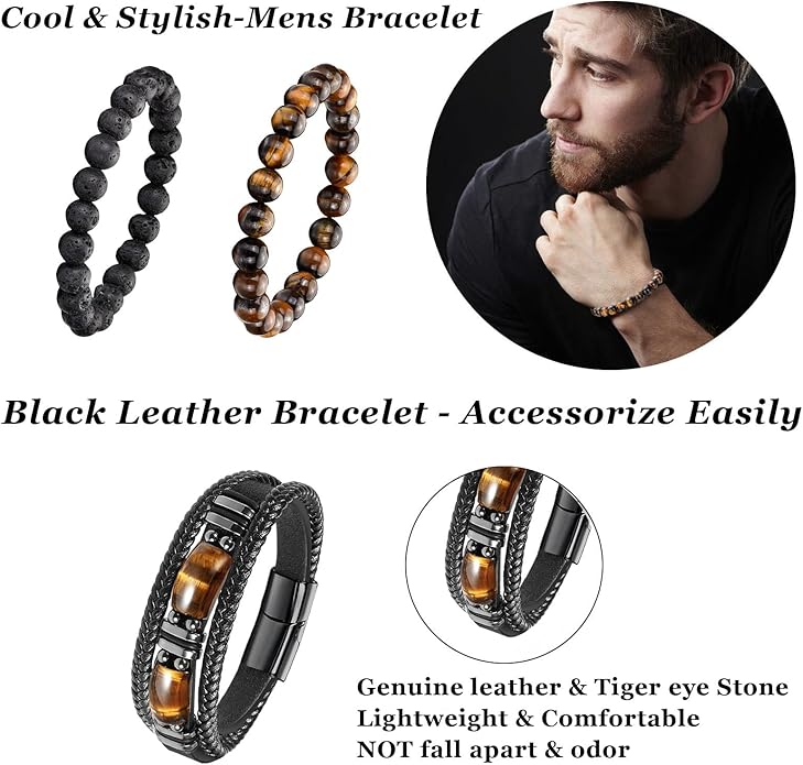 Mens Bracelet Set Black Leather Bracelets for Men Tiger Eye Bracelet 6mm 8mm Lava Rock Beaded Bracelets Adjustable Stretech
