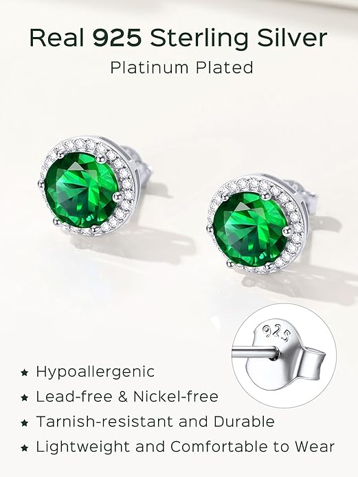 ChicSilver 925 Sterling Silver Birthstone Earrings for Women, 8MM/2 Carat Heart & Round Cubic Zirconia Stud Earrings, Hypoallergenic Jewelry, Ideal Birthday or Christmas Gifts