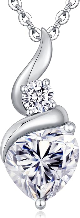 Moissanite Heart Pendant Necklaces for Women, 925 Sterling Silver Necklace with Birthstone, Ideal Anniversary Present or Birthday Christmas Valentine Mothers Day Jewelry Gifts for Mom Wife Her Girlfriend