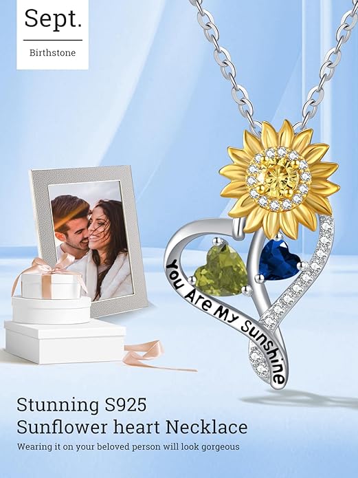 Zeuslia Double Birthstone Necklace Gifts for Wife - 925 Sterling Silver Sunflower/Rose/Crown Cross/Compass/Heart Pendant I Love You Necklace, Anniversary Birthday Gifts for Wife Girlfriend Mom Her