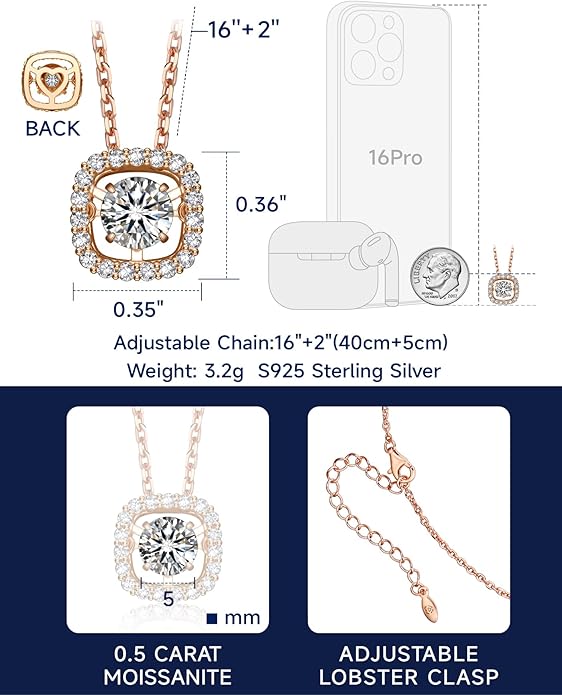 MomentWish Floating Necklace for Women, 0.5/1 Carat Dancing Moissanite Necklace for Her 925 Sterling Silver Pendant Anniversary Birthday Christmas Gift for Wife Mom Girlfriend