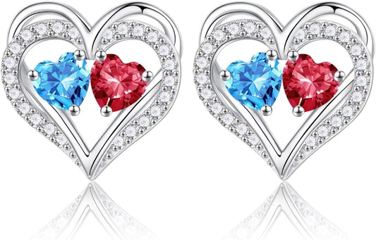 Iefil Birthstone Earrings for Women - 925 Sterling Silver Heart Earrings Anniversary Birthday Gifts for Women Wife Girlfriend Mom