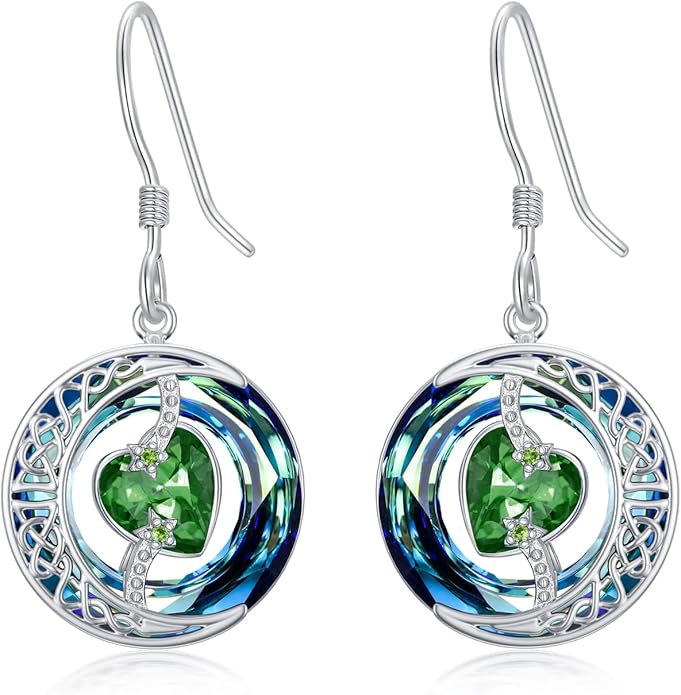 TOUPOP Birthstone Earrings for Women 925 Sterling Silver Moon and Star Dangle Earrings with Blue Crystal BirthdayJewelry Christmas Gifts for Women