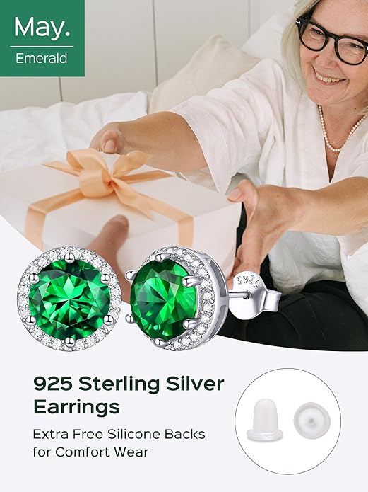 ChicSilver 925 Sterling Silver Birthstone Earrings for Women, 8MM/2 Carat Heart & Round Cubic Zirconia Stud Earrings, Hypoallergenic Jewelry, Ideal Birthday or Christmas Gifts