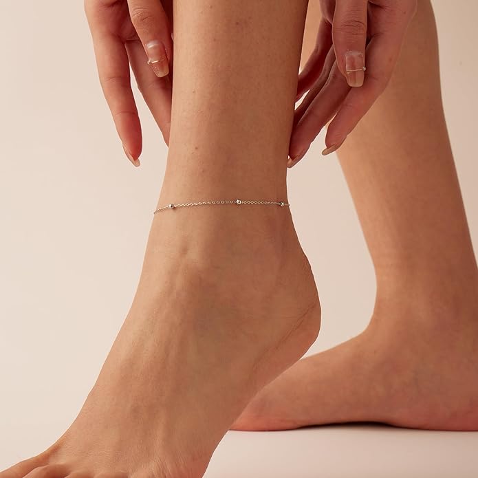 Ankle Bracelets for Women Dainty 18K Gold Plated Anklet Waterproof Round Beaded Paperclip Herringbone Pearl Chain Anklets Waterproof Beach Foot Jewelry