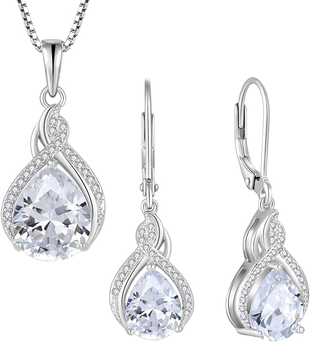 Infinity Teardrop Jewelry Set for Women Necklace & Earrings April Birthstone Jewelry