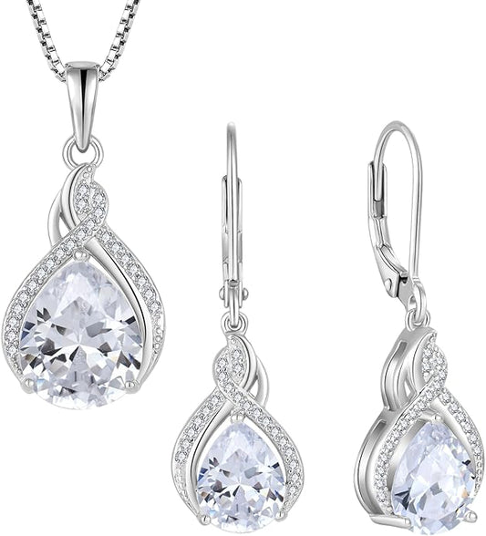 Infinity Teardrop Jewelry Set for Women Necklace & Earrings April Birthstone Jewelry
