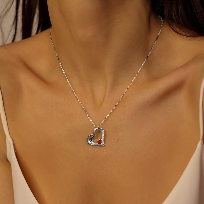 GLIVEOR 925 Sterling Silver Birthstone Necklace Heart Necklace for Women Gifts for Women