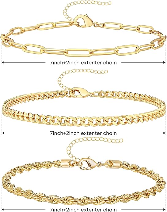 Gold Bracelets for Women Trendy,14K Gold Plated Dainty Stackable Paperclip Cuban Link Chain Bracelets, Simple Cute Cuff Bracelets Jewelry Set Adjustable 7"+2"