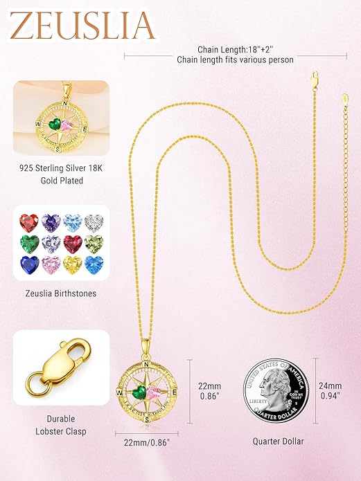 Zeuslia Double Birthstone Necklace Gifts for Wife - 925 Sterling Silver Sunflower/Rose/Crown Cross/Compass/Heart Pendant I Love You Necklace, Anniversary Birthday Gifts for Wife Girlfriend Mom Her
