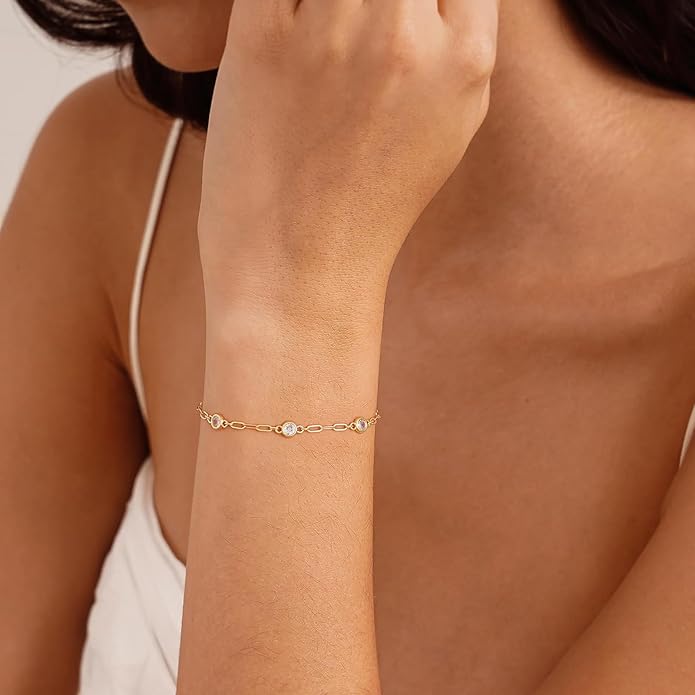 Gold Bracelets for Women,14K Dainty Gold Plated Bracelets Non Tarnish Waterproof Diamond Bracelets Heart Flower Round Square CZ Charm Bracelet Trendy Stuff Jewelry Gifts for Her