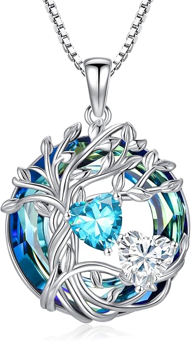 TOUPOP s925 Sterling Silver Family Celtic Tree of Life Pendant Necklaces with 2 Heart Birthstone with Blue Austrian Crystal Jewelry Birthday Anniversary Christmas Gifts for Her Wife Girlfriend Mom (18K Real White Gold Filled)