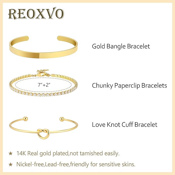 Reoxvo Gold Plated Bangle Cuff Bracelets for Women Non Tarnish Gold Bracelet Stack Jewelry Set for Women Trendy