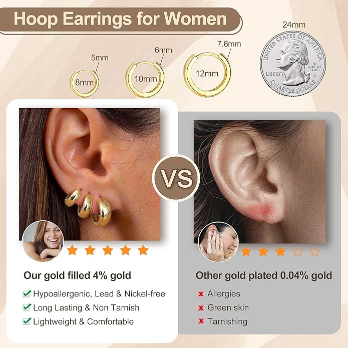 Small Chunky 14K Gold Plated Hoop Earrings for Women - Hypoallergenic Earrings for Sensitive Ears Earrings Set Thick Huggie Hoops Earring Stacks Silver Plated Jewelry