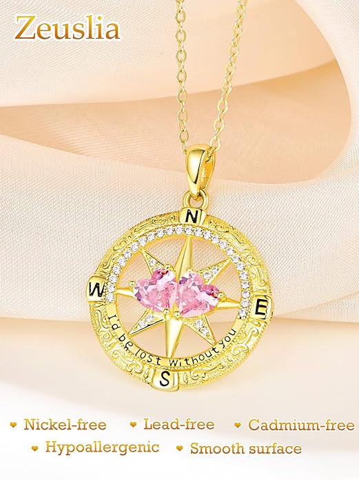 Zeuslia Double Birthstone Necklace Gifts for Wife - 925 Sterling Silver Sunflower/Rose/Crown Cross/Compass/Heart Pendant I Love You Necklace, Anniversary Birthday Gifts for Wife Girlfriend Mom Her