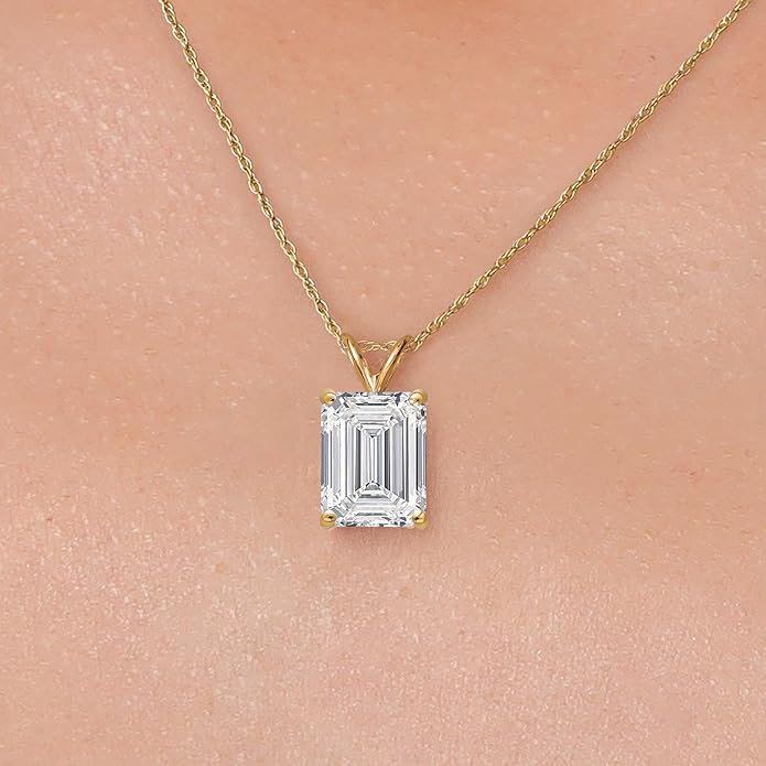 Gem Stone King 1 to 5 Carat 14K Gold IGI Certified Lab Grown Diamond Pendant Necklace For Women | Emerald Cut | E-F Color | VS1-VS2 Clarity | With 18 Inch Gold Chain