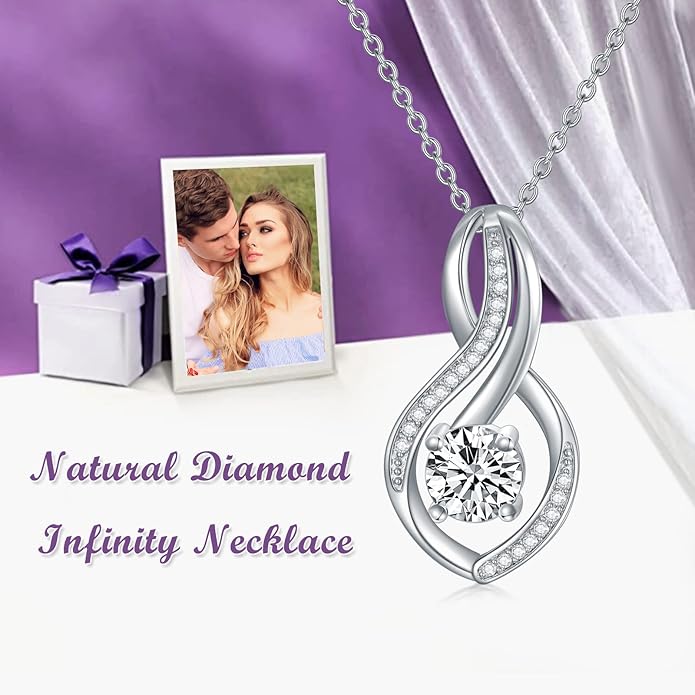 ZBA Natural Diamond Infinity Necklace for Women, 14K White Gold Plated Sterling Silver Diamond Eternal inifnity Pendant Necklaces Jewelry, Birthday Christmas Gifts for Mom Her Wife(Color F-G/Clarity I1-I2)