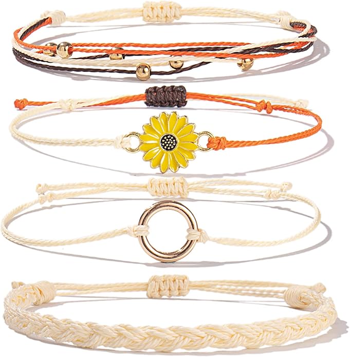 FANCY SHINY Sunflower String Bracelet Boho Braided Rope Wrap Bracelets Cute Summer Beach Surfer Jewelry for Women