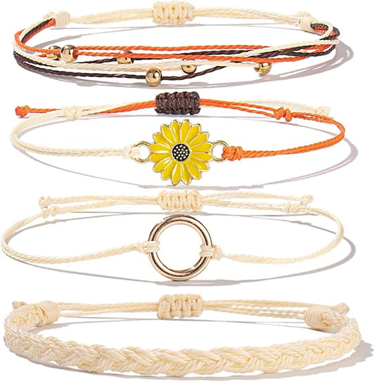 FANCY SHINY Sunflower String Bracelet Boho Braided Rope Wrap Bracelets Cute Summer Beach Surfer Jewelry for Women