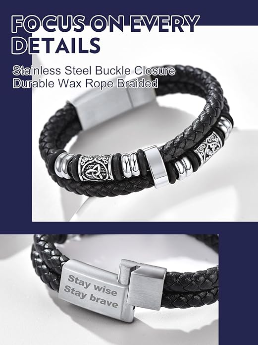 Bandmax Mens Black Double Wax Rope Cuff Bracelets Waterproof Stainless Steel Norse Style Celtic Knot Beads Bracelet Wristband Gift for Men