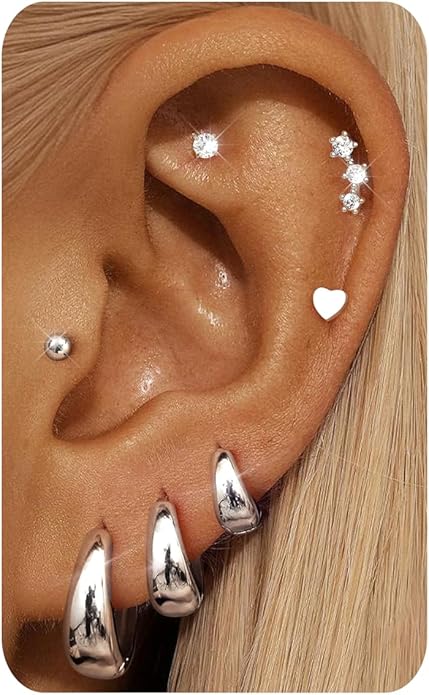 Hypoallergenic 14K Gold Plated Hoop Stud Earrings for Women Surgical Stainless Steel Flat Back Earrings Lightweight Small Chunky Huggie Hoops Cartilage Earring Stacks for Multiple Piercing Women Gifts