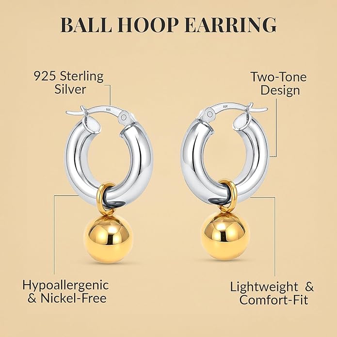 LeCalla 925 Sterling Silver Beaded Ball Hoop Earrings | Lightweight Sleeper Bead Ball Earring Hoops | Cape Style Hoop Earrings for Women