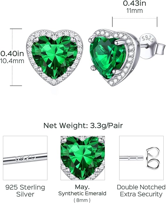 ChicSilver 925 Sterling Silver Birthstone Earrings for Women, 8MM/2 Carat Heart & Round Cubic Zirconia Stud Earrings, Hypoallergenic Jewelry, Ideal Birthday or Christmas Gifts