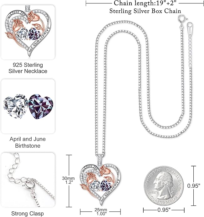 Iefil Birthstone Necklace for Women - 925 Sterling Silver Rose Heart Birthstone Necklace Birthday Anniversary Jewelry Gifts for Her Wife Mom Daughter
