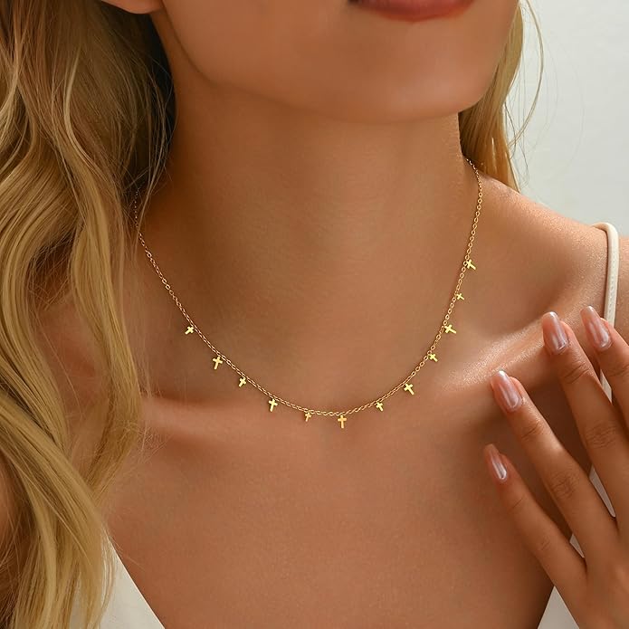 Gold Chain Necklace for Women 18K Gold Plated Stainless Steel Necklace Dainty Star Cross Heart Choker Chains Simple Delicate Minimalist Trendy Jewelry