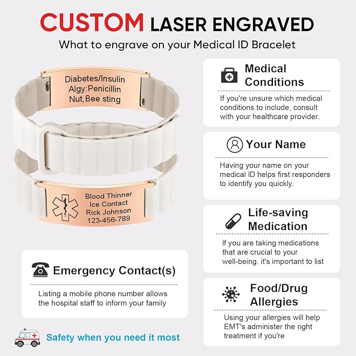 Comfortable Medical ID Bracelet for Men & Women - Custom Engraved Silicone Strap Comfort Fit Medical Alert Bracelets for Sports,Adjustable Waterproof Customizable Wristband for Diabetic