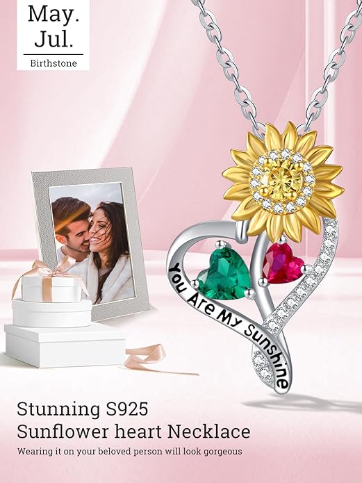 Zeuslia Double Birthstone Necklace Gifts for Wife - 925 Sterling Silver Sunflower/Rose/Crown Cross/Compass/Heart Pendant I Love You Necklace, Anniversary Birthday Gifts for Wife Girlfriend Mom Her