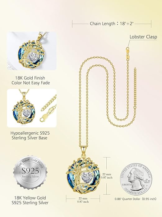TOUPOP Christmas Gifts Tree of Life Birthstone Necklace 925 Sterling Silver Pendant Austrian Crystal Jewelry Anniversary Birthday Gifts for Women Mom Her Wife