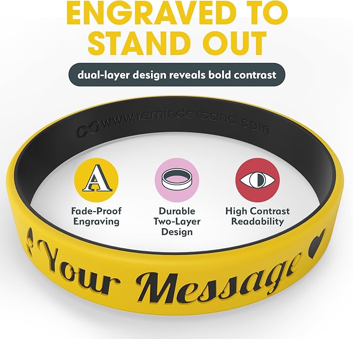 Reminderband Custom 100% Silicone Luxe Wristbands – Personalized Motivational Bracelets, Bulk Rubber Bands for Events, Fundraisers, Awareness, Gifts - Hypoallergenic Bands
