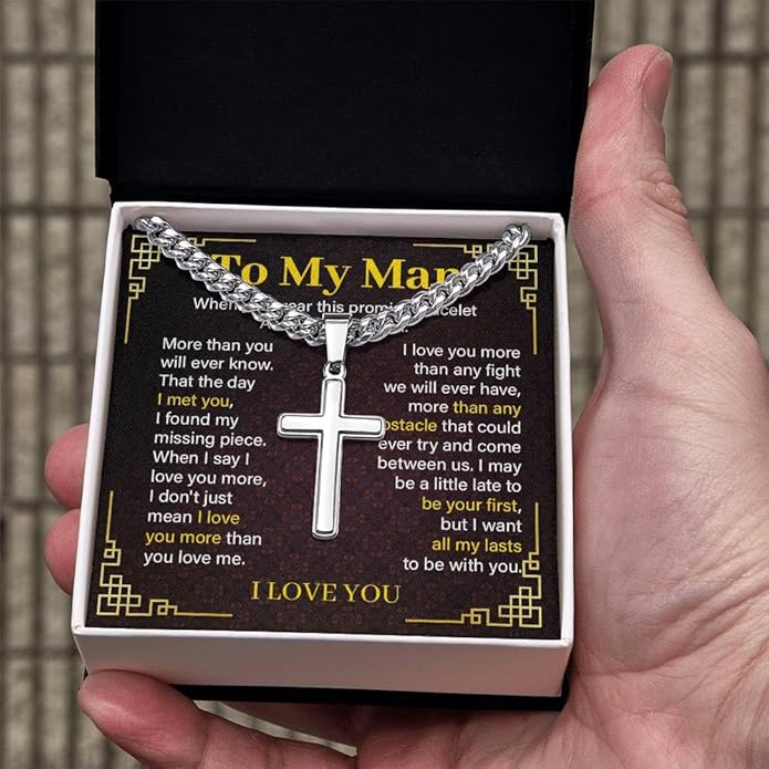 FLAGISTA To My Man Cross Necklace, Stainless Steel Cross Pendant with Adjustable Cuban Link Chain, Meaningful Gift for Him.