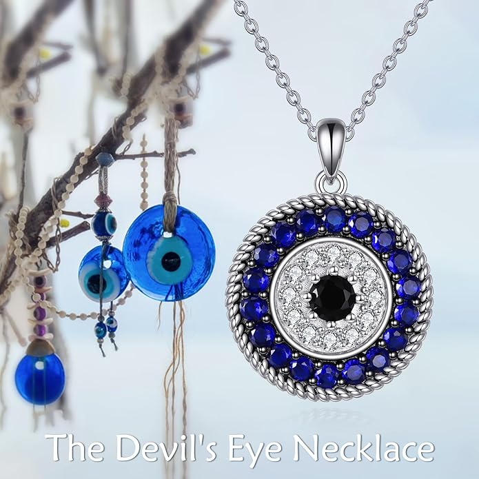 YFN Evil Eye Pendant Necklace for Women 925 Sterling Silver Greek Protection Jewelry with Blue Sapphire and Black Cz Amulet Gift