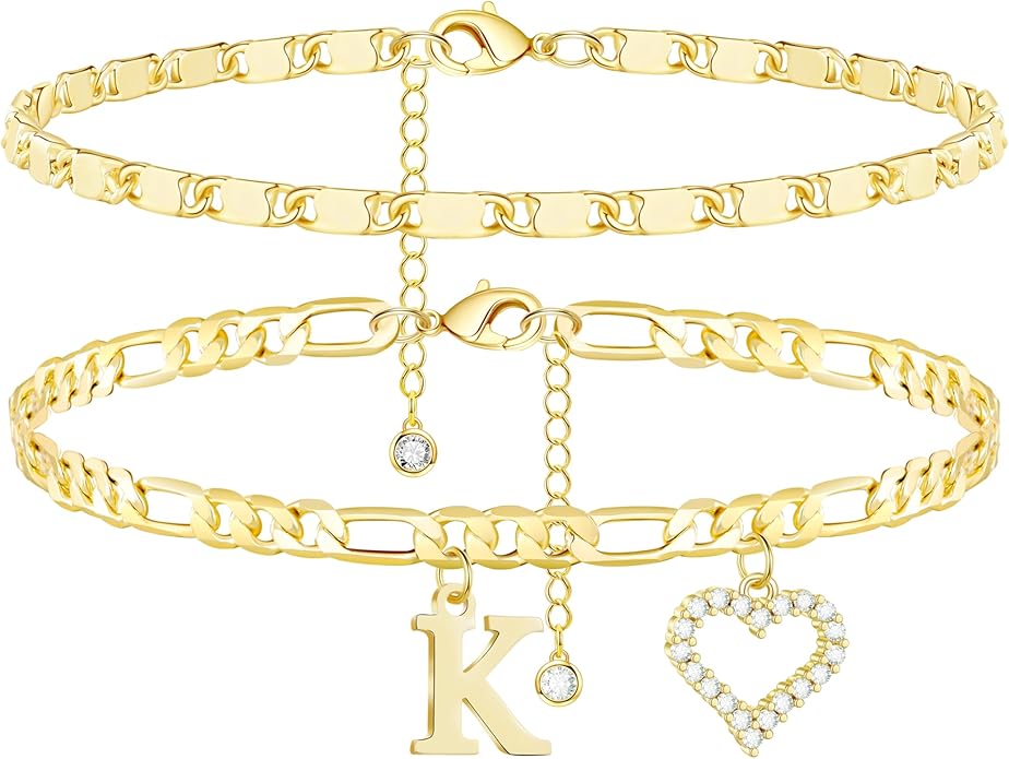 Initial Ankle Bracelets for Women Waterproof 14K Gold Plated Dainty Layered Figaro Chain Letter Initial CZ Heart Ankle Bracelets Set Summer Beach Jewelry for Women