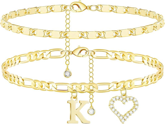Initial Ankle Bracelets for Women Waterproof 14K Gold Plated Dainty Layered Figaro Chain Letter Initial CZ Heart Ankle Bracelets Set Summer Beach Jewelry for Women