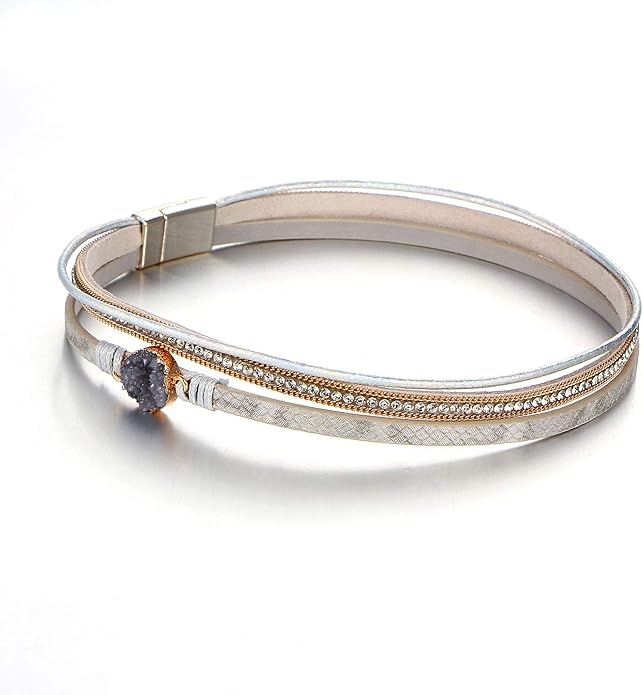 Fesciory Leather Wrap Bracelets for Women, Boho Leopard Multi-Layer Crystal Beads Cuff Bracelet Jewelry