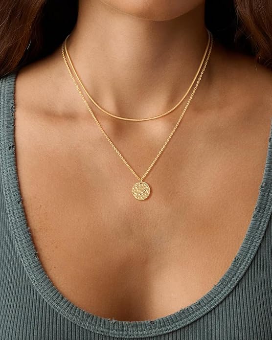 Layered Necklaces for Women 14K Gold Plated Stack Circle Pendant Trendy Long Chain Stackable Handmade Coin Necklace Set Dainty Gold Stacked Jewelry Gifts