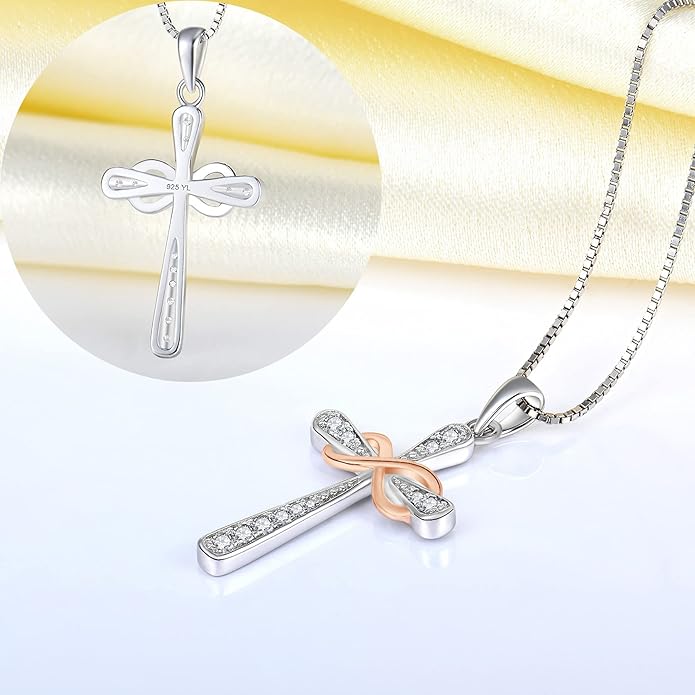 YL 925 Sterling Silver Cross Necklace for Women Halo Infinity Pendant Birthstone Jewelry for Mom