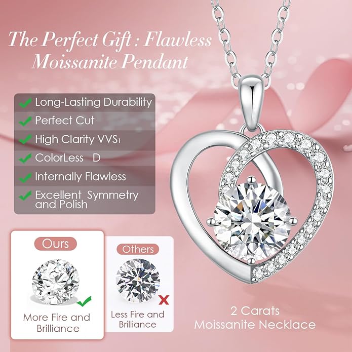 Moissanite Heart Pendant Necklaces for Women,D Color VVS1 Moissanite Jewelry,925 Sterling Silver Gold Plating,Wedding,Anniversary,Birthday,Gifts for Wife Her Mom Girlfriend