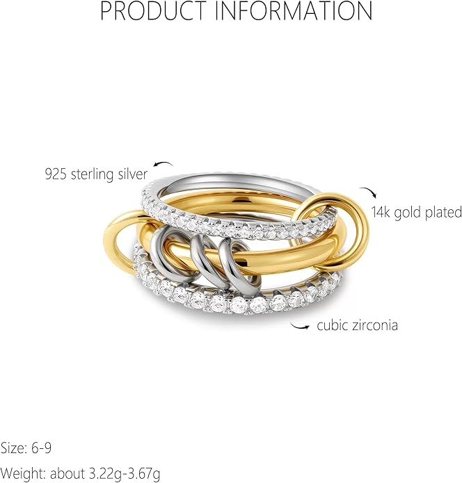 SUYACS 14K Gold Plated Interlocked Stackable Rings for Women Non Tarnish 925 Sterling Silver Mixed Metals Multi Statement Stack Ring Two Tone Connected Bands CZ Thumb Ring Jewelry Gifts